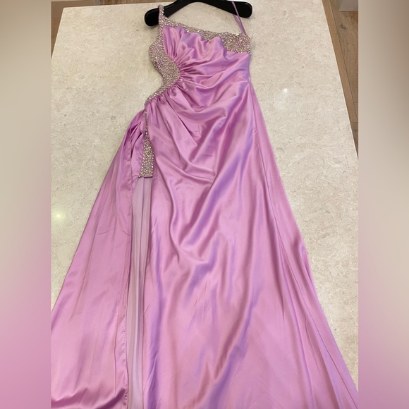 Mac Duggal 68447 Ruched One Shoulder Side Cutout Embellished Satin Gown Lilac 2 - Picture 2 of 14